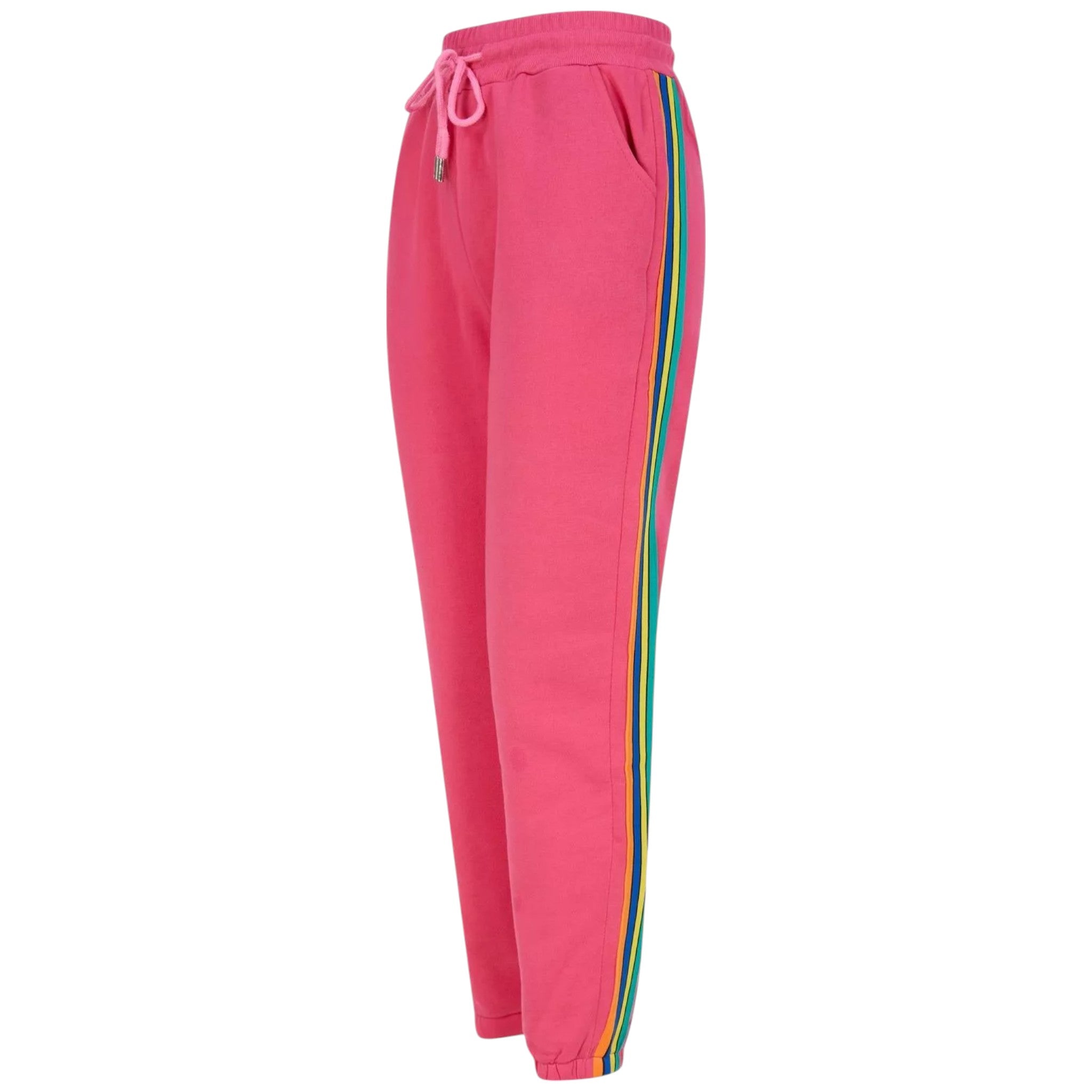 Ladies Pink joggers with side stripe, drawstring waist, elastic cuffed ankles, casual lounge pants, sporty stretch fit